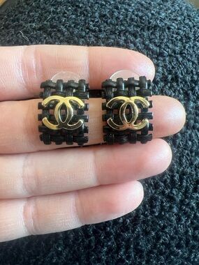 Chanel Black & Gold CC Logo Woven Earrings
